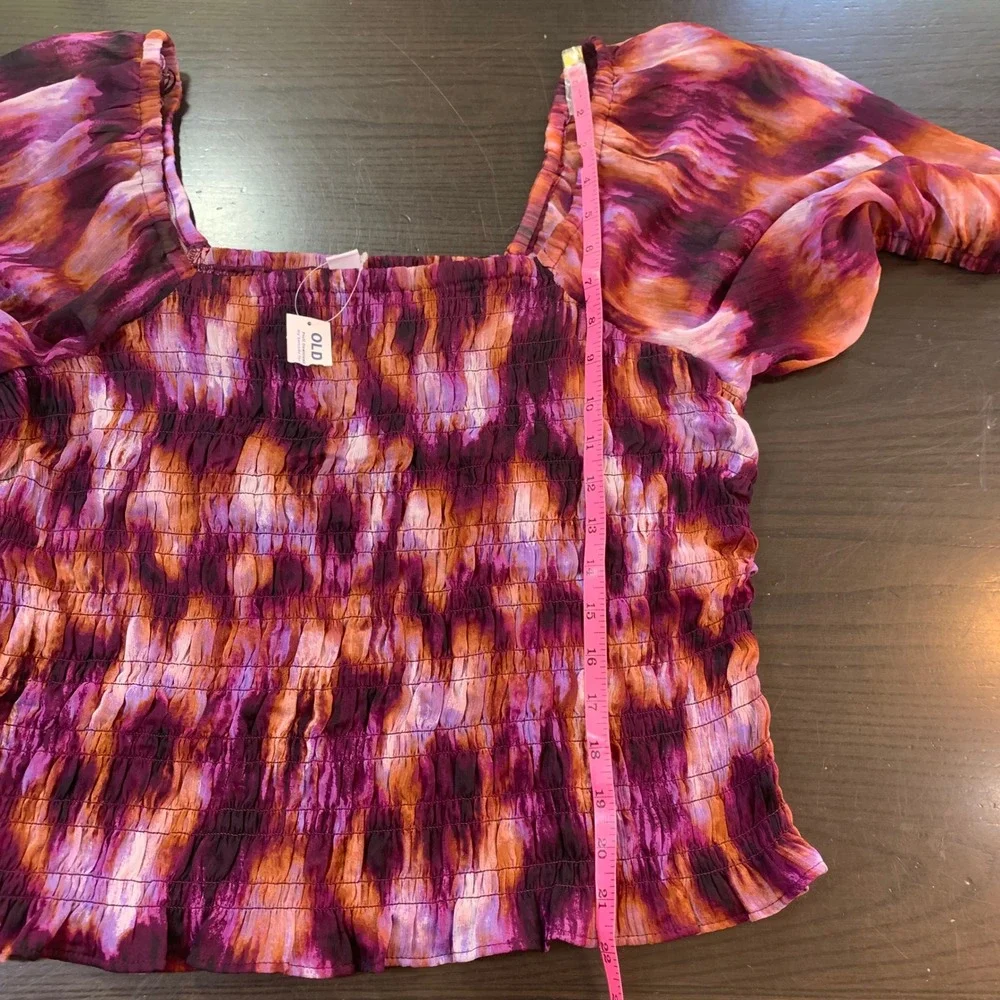 Old Navy Womens XL Purple Smocked Sheer Tie Dye Puff Sleeve‎ Square Neck Top